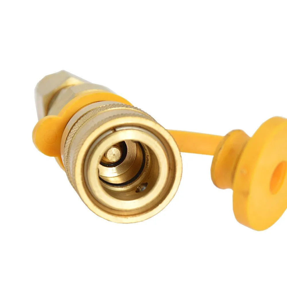 Solid brass propane gas tank charging connector with 3/8 inch US standard threads.