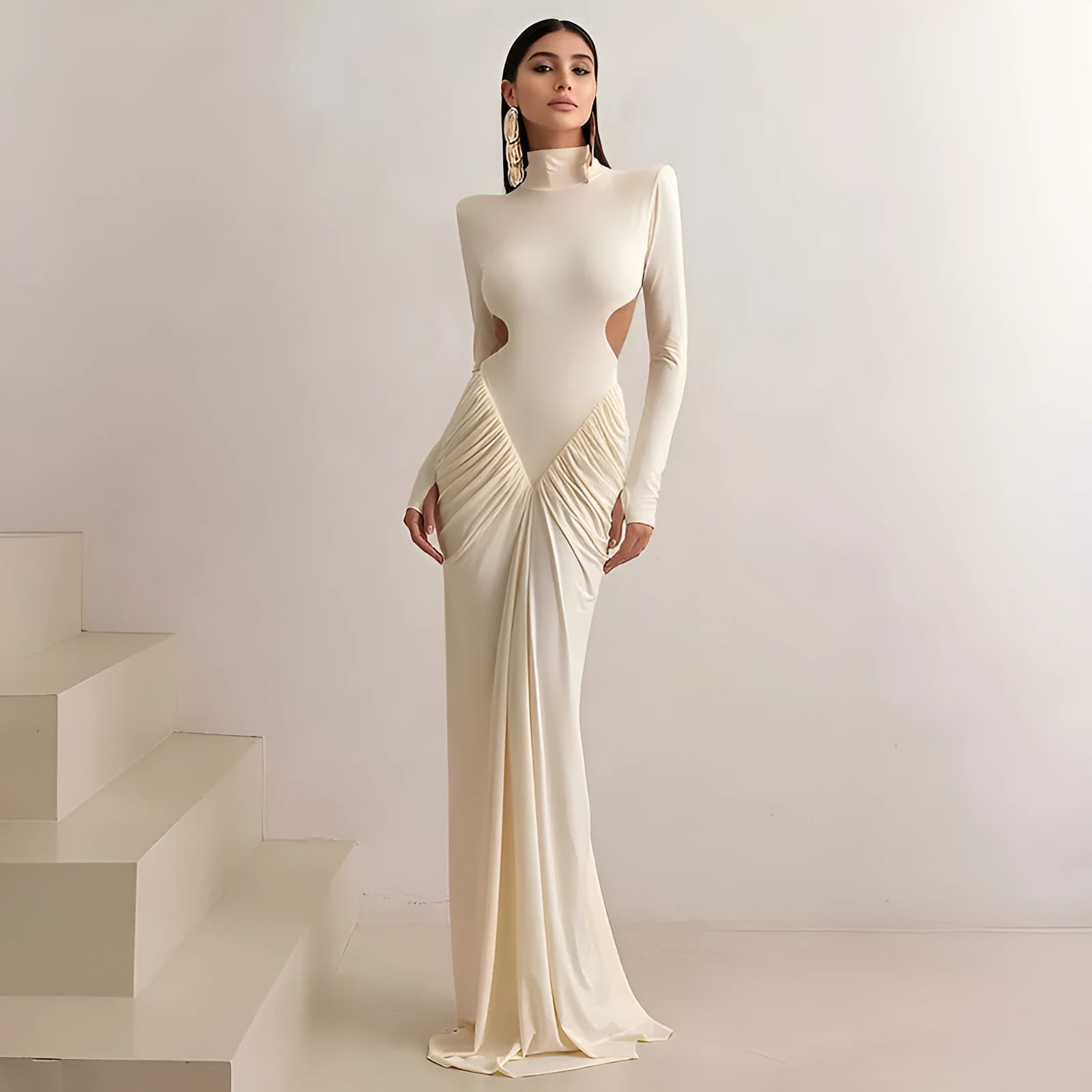 Women's high collar slim fit dress with pleated backless design in light apricot colour