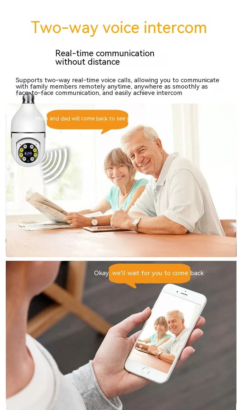 Wireless wifi bulb camera with 1080p resolution and full colour night vision measuring 5cm by 12cm