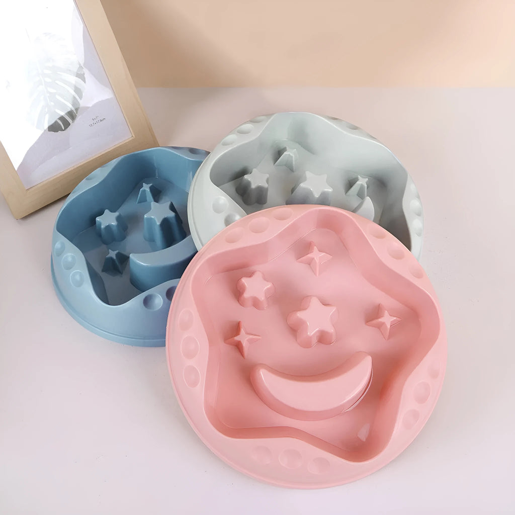 Moon and star design slow feed dog bowl in blue colour with non-slip silicone base