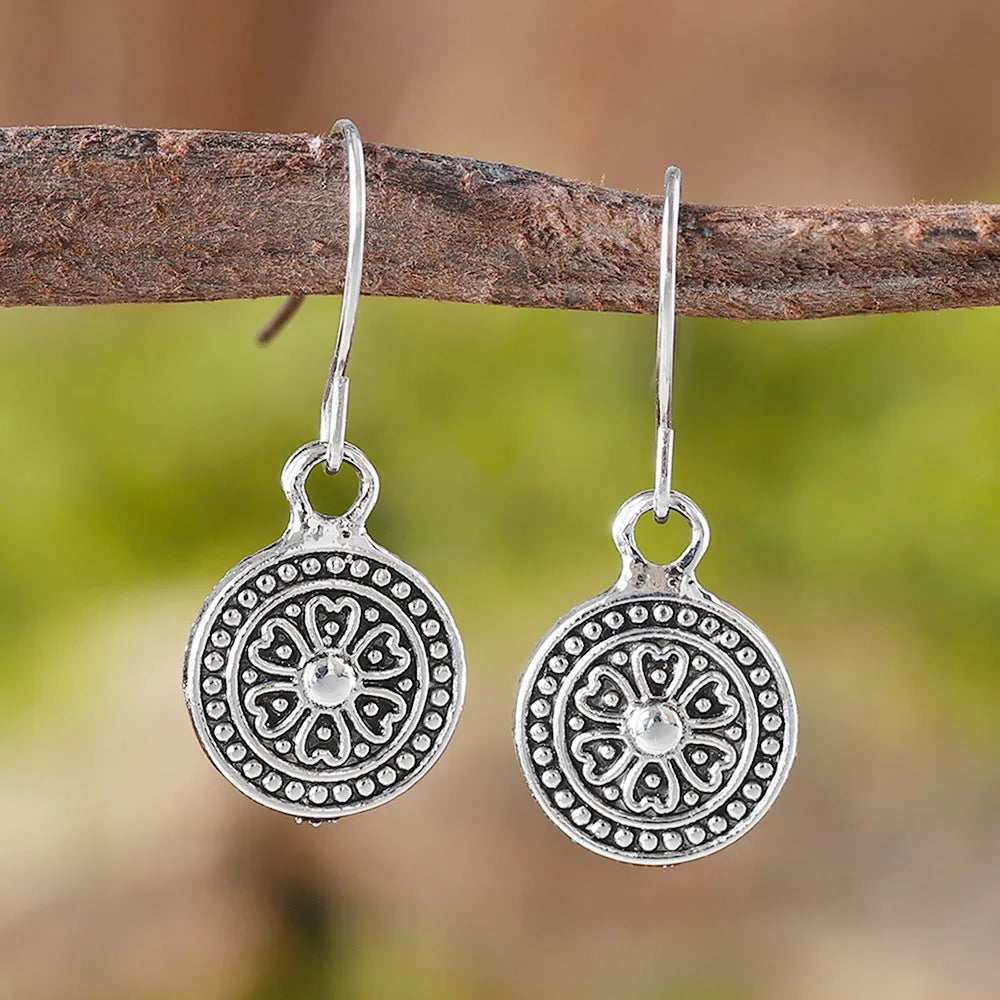 Bohemian style retro round print distressed ethnic earrings for women in zinc alloy with electroplated finish