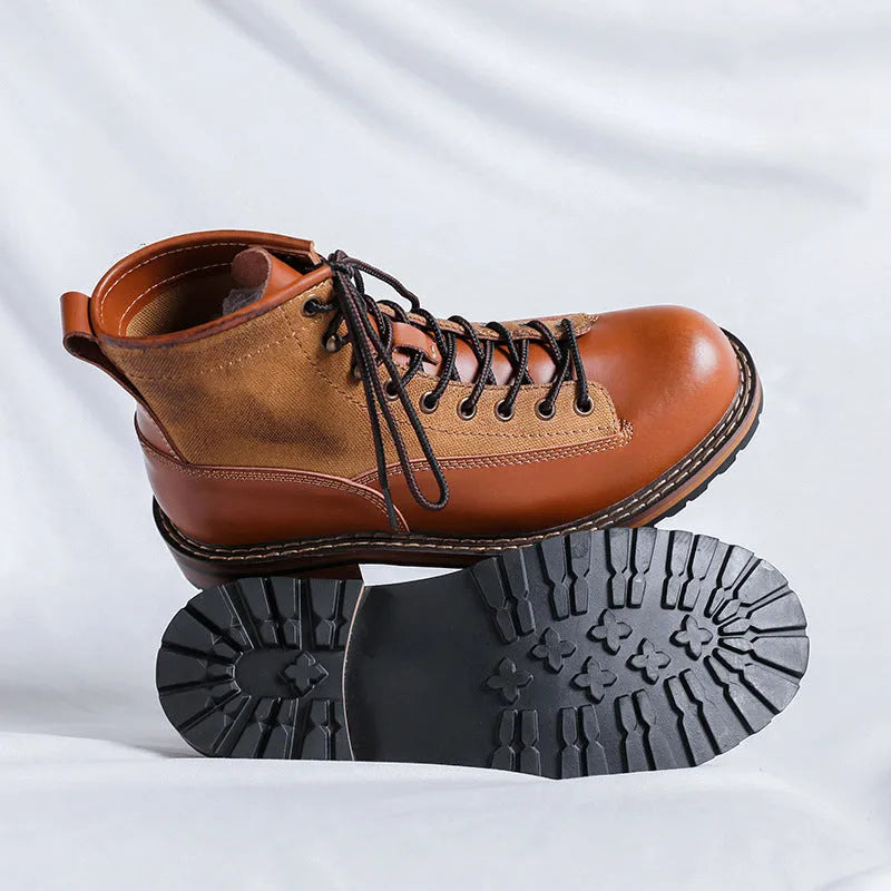 Men's brown tooling platform leather boots with lace-up closure and platform sole