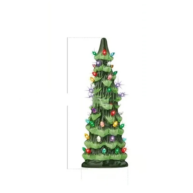 Resin and plastic Christmas tree decorative light ornament in European style, shown in coloured or warm light.
