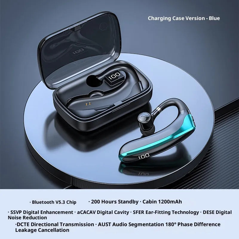 High-gloss black single-ear bone conduction sports Bluetooth headset with digital display and breathing light
