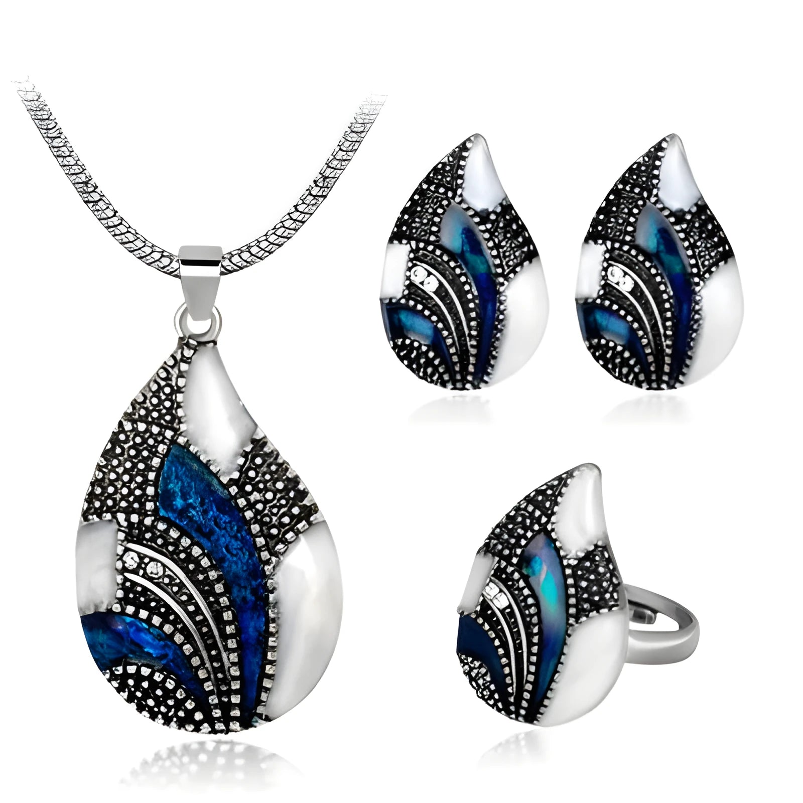 Water drop jewelry set including necklace, earrings and ring in gold or silver zinc alloy finish.
