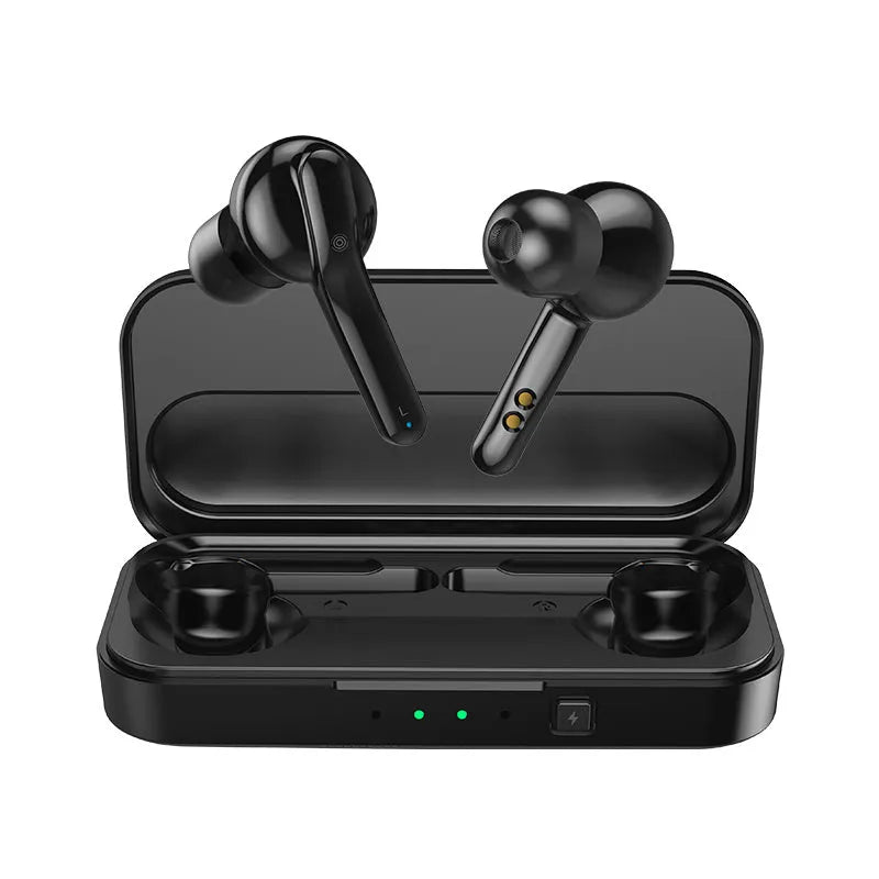 Black and white TWS wireless Bluetooth 5.0 in-ear headphones with IPX5 rating.