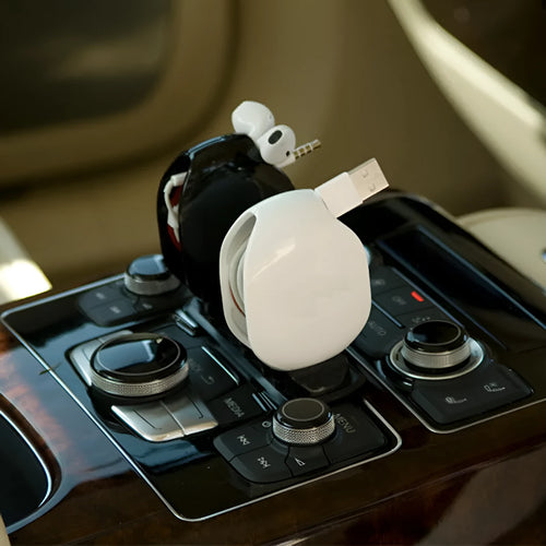 Automatic earphone cable retractor winder in a compact plastic storage box.
