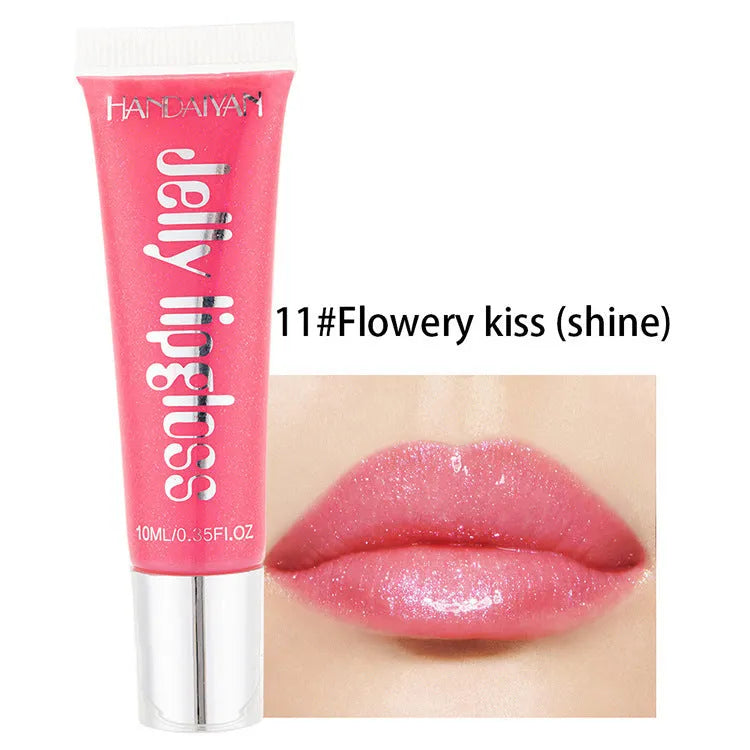 Jelly glass moisturising lip gloss tube in Pearl White shade with carton packaging and 12 colour options