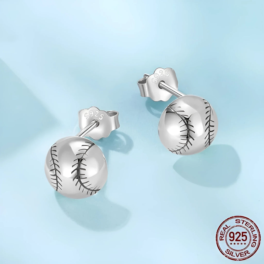 S925 sterling silver baseball stud earrings with polished finish on a plain background