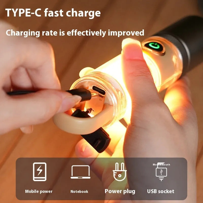 Orange or beige 10W rechargeable LED flashlight with optical zoom and keychain