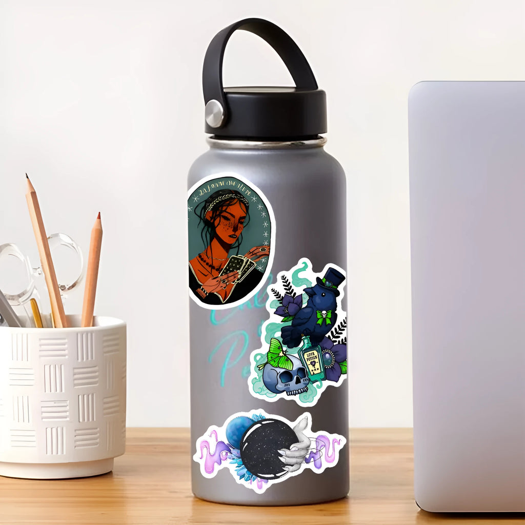 Pack of 50 assorted glossy PVC stickers in sizes from 3cm to 8cm for laptops and smooth surfaces.