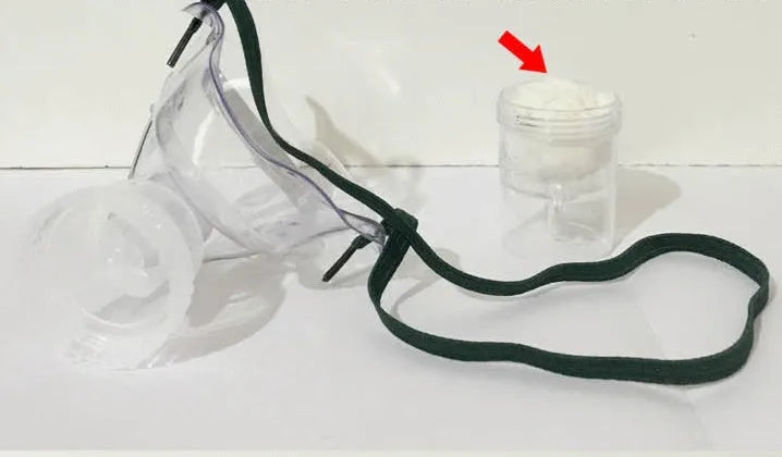 Soft rubber mask fit aid with elastic straps shown alongside a disposable mask.