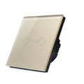 Single control touch light switch with tempered glass panel in black, gold, or white finish