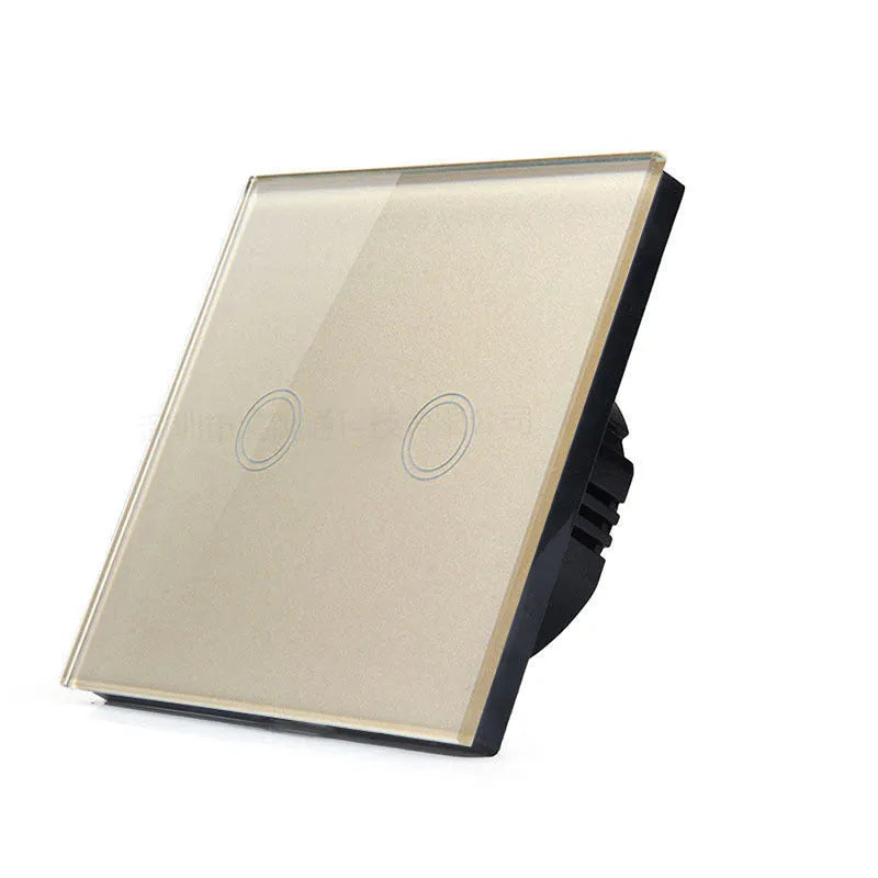 Single control touch light switch with tempered glass panel in black, gold, or white finish
