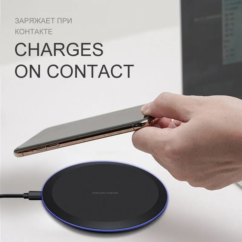 Black 10W 5W fast wireless phone charger on desk with slim 8mm profile