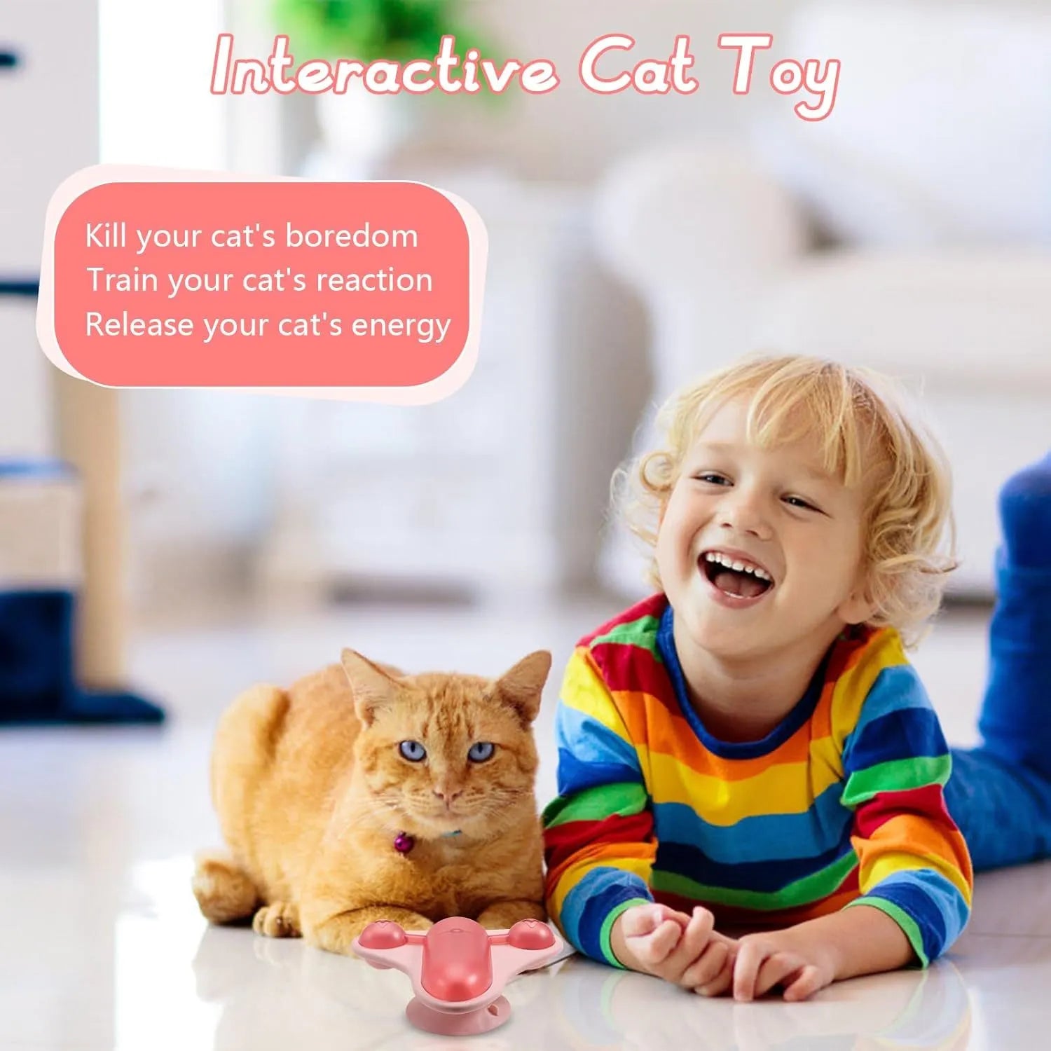 Blue interactive pet puzzle toy with a spinner, snack cabin, bell, and suction cup base on a floor.