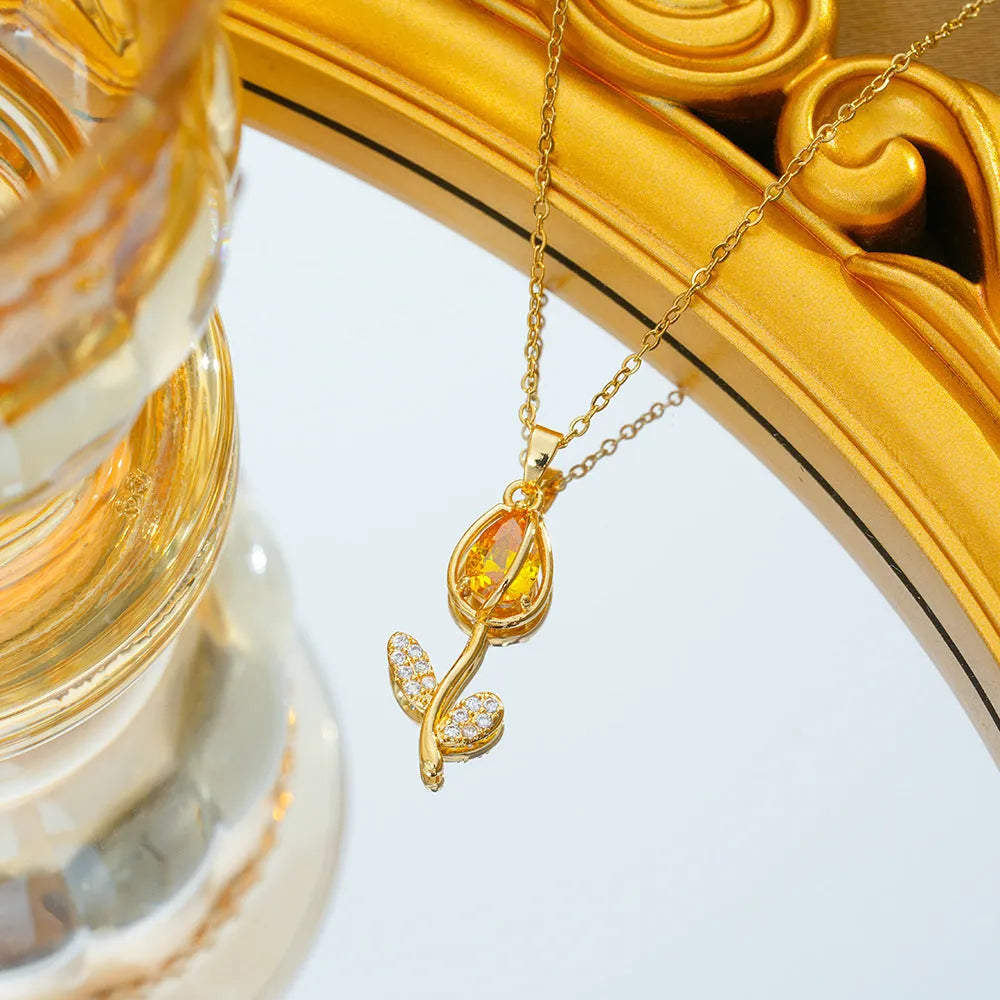 Zircon tulip flower necklace for women in gold colour on adjustable titanium steel chain.