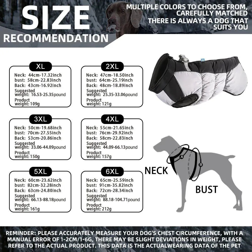 Waterproof dog jacket with built-in harness for large breed winter walks, available in multiple sizes and colours