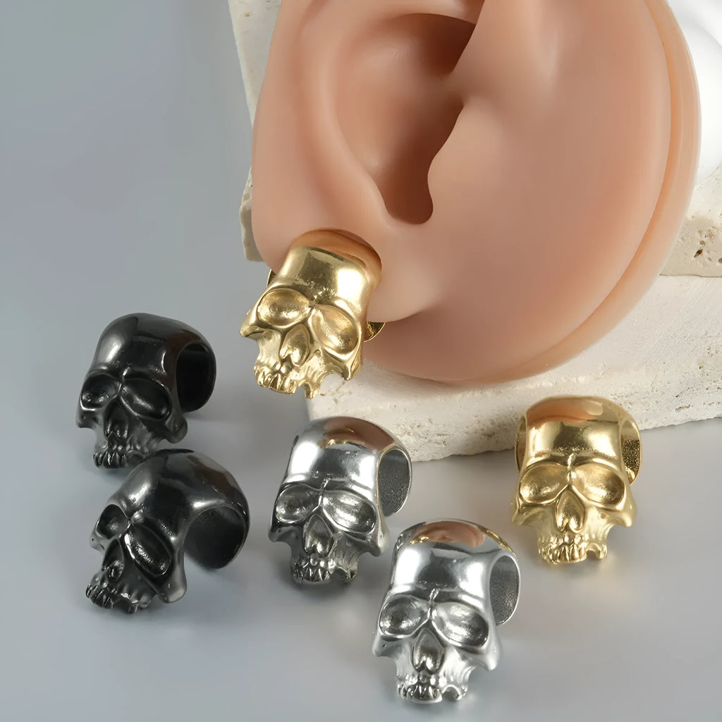 Stainless steel hollow skull Buddha earrings with electroplated finish in four colour variations