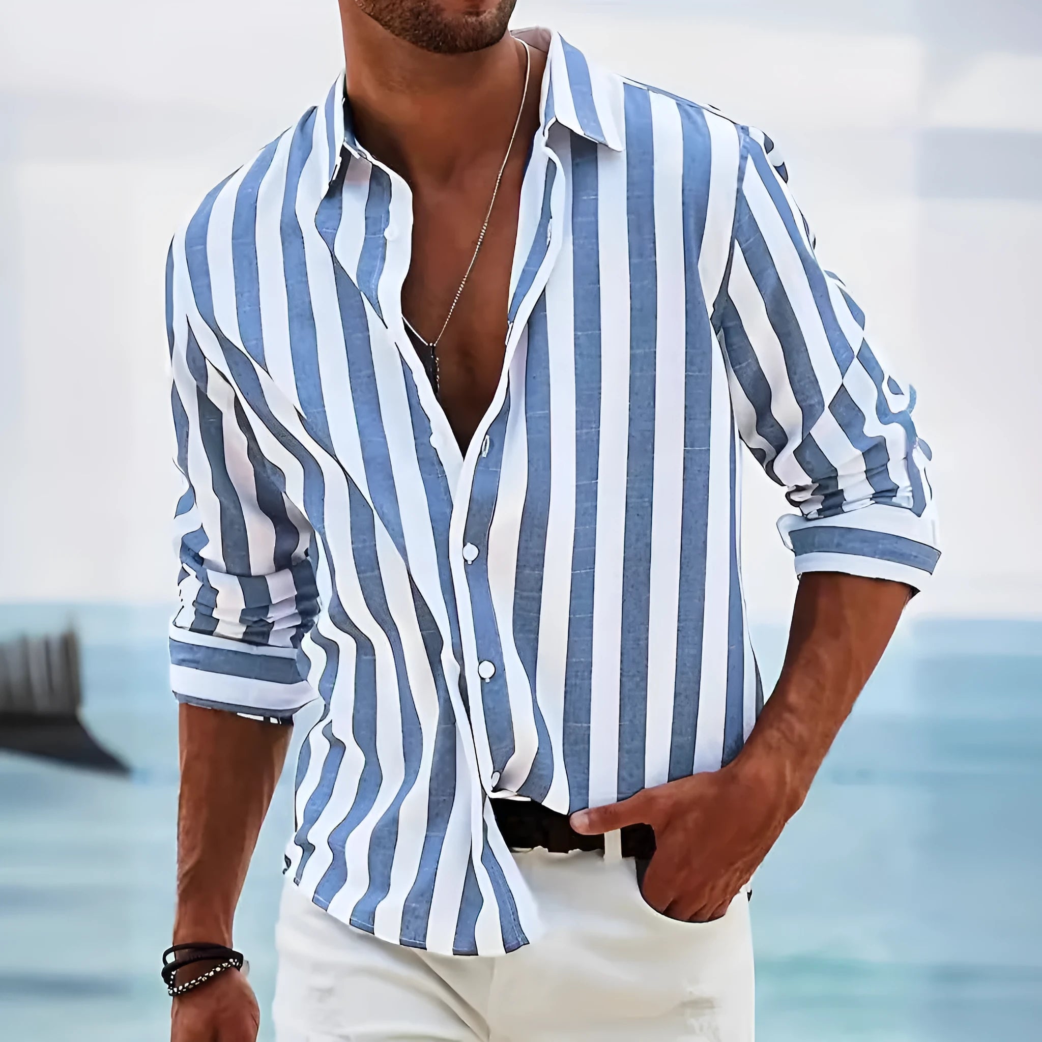 Men's loose fit striped long-sleeved cardigan shirt in light grey polyester fabric