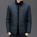 Men's solid-colour short winter coat with side pocket in dark blue, shown on a size chart.