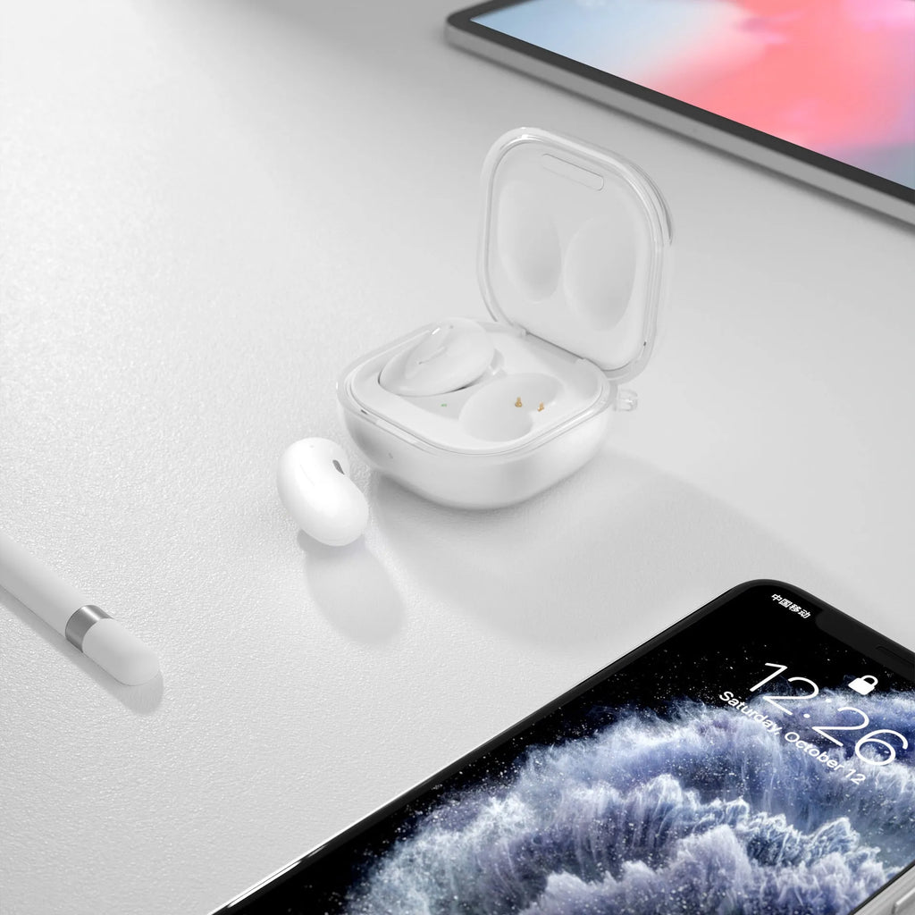 Transparent plastic clamshell earbuds case cover with see-through design for ear housing