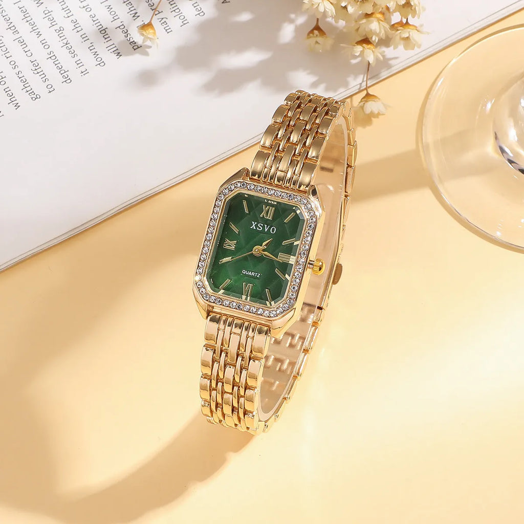 Gold green square ladies watch with four matching alloy bracelets in jewellery gift set
