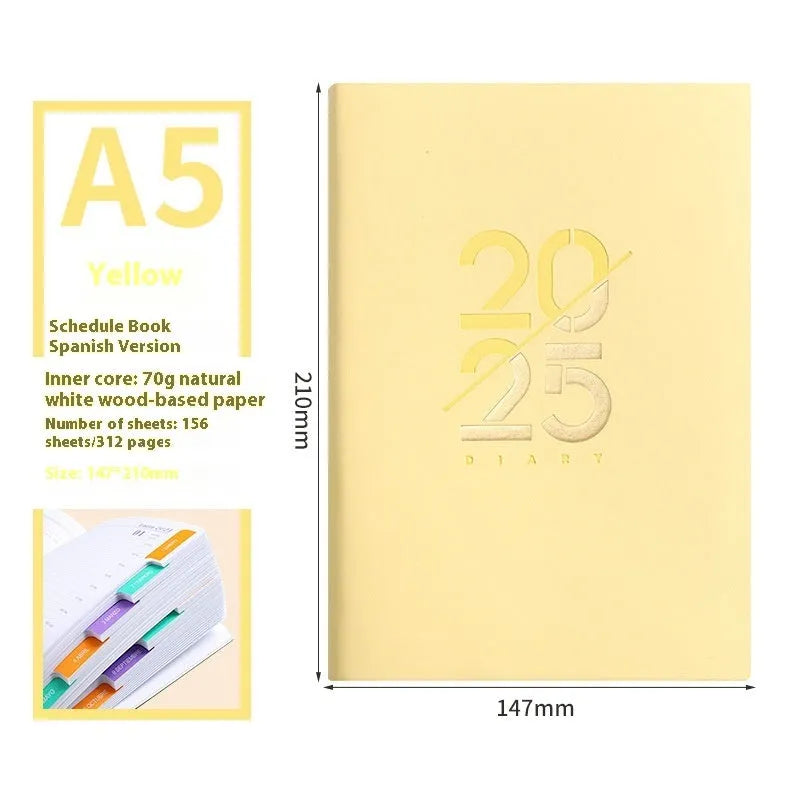 Soft faux leather A5 2025 daily plan schedule book open on Dot Grid paper.
