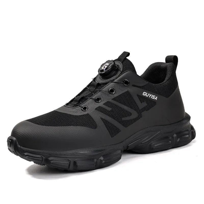 Black lightweight safety shoes with Flyknit fabric upper, steel toe cap, and TPU outsole