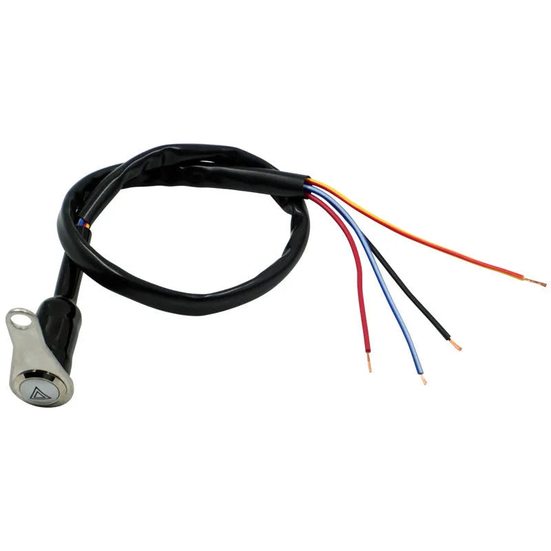 Black stainless steel motorcycle double flash switch with a central button and illuminated light ring.