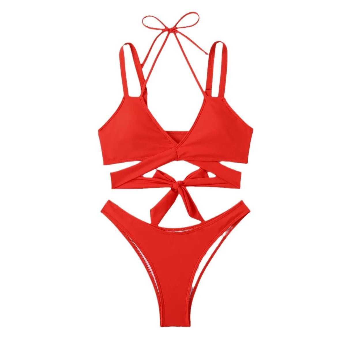 Women's solid colour strap bikini swimsuit in brief style on a hanger.
