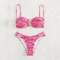 Women's floral bikini swimsuit in orange, blue and rose red colours with high-waist design