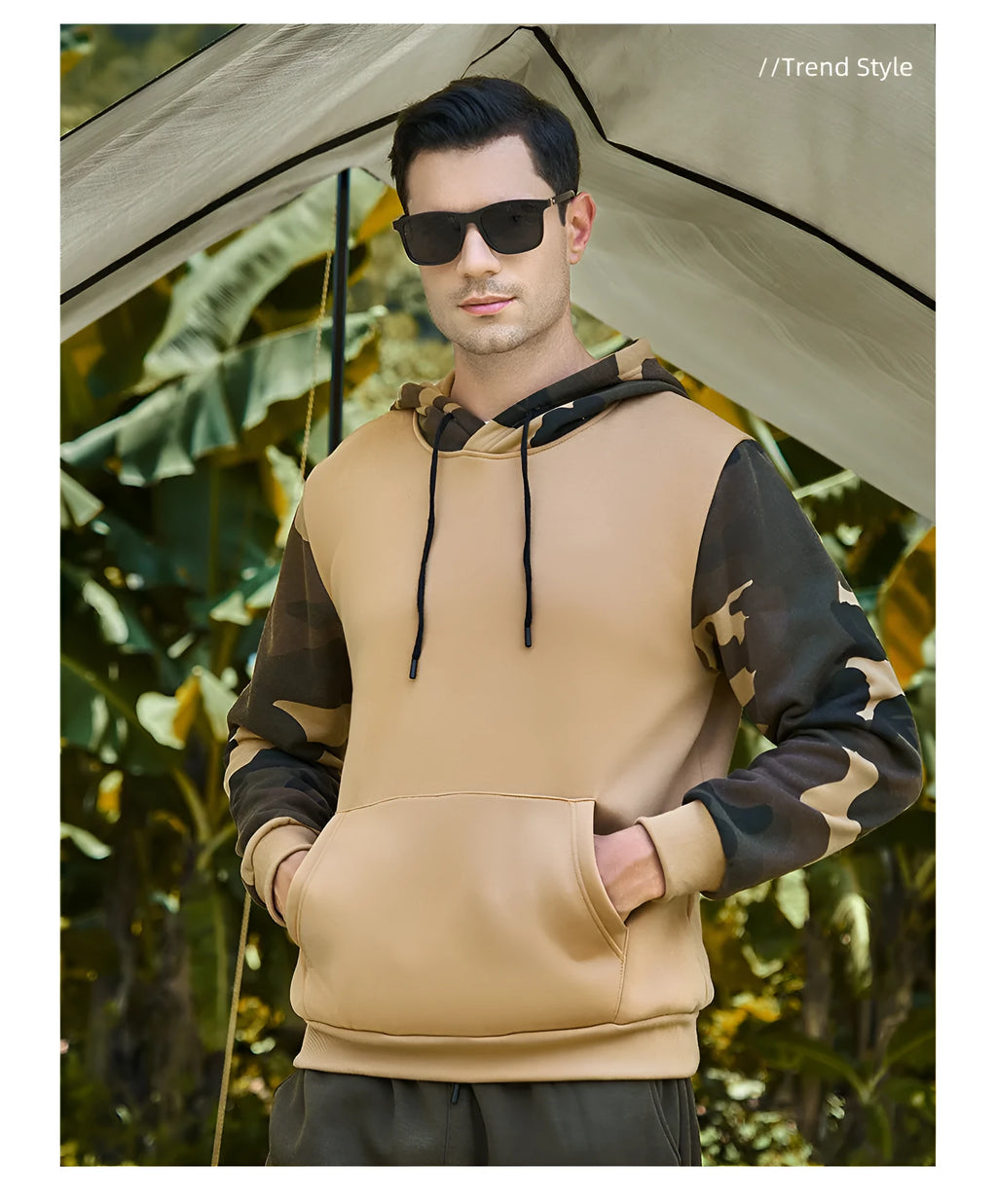 Men's casual sweater, camouflage colour block, hooded, polyester, Army Green colour, front view