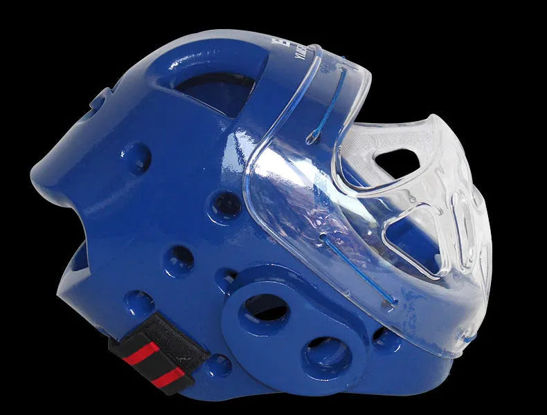 Karate protective helmet in white, blue, or red colour available in S, M, L, XL sizes for martial arts training
