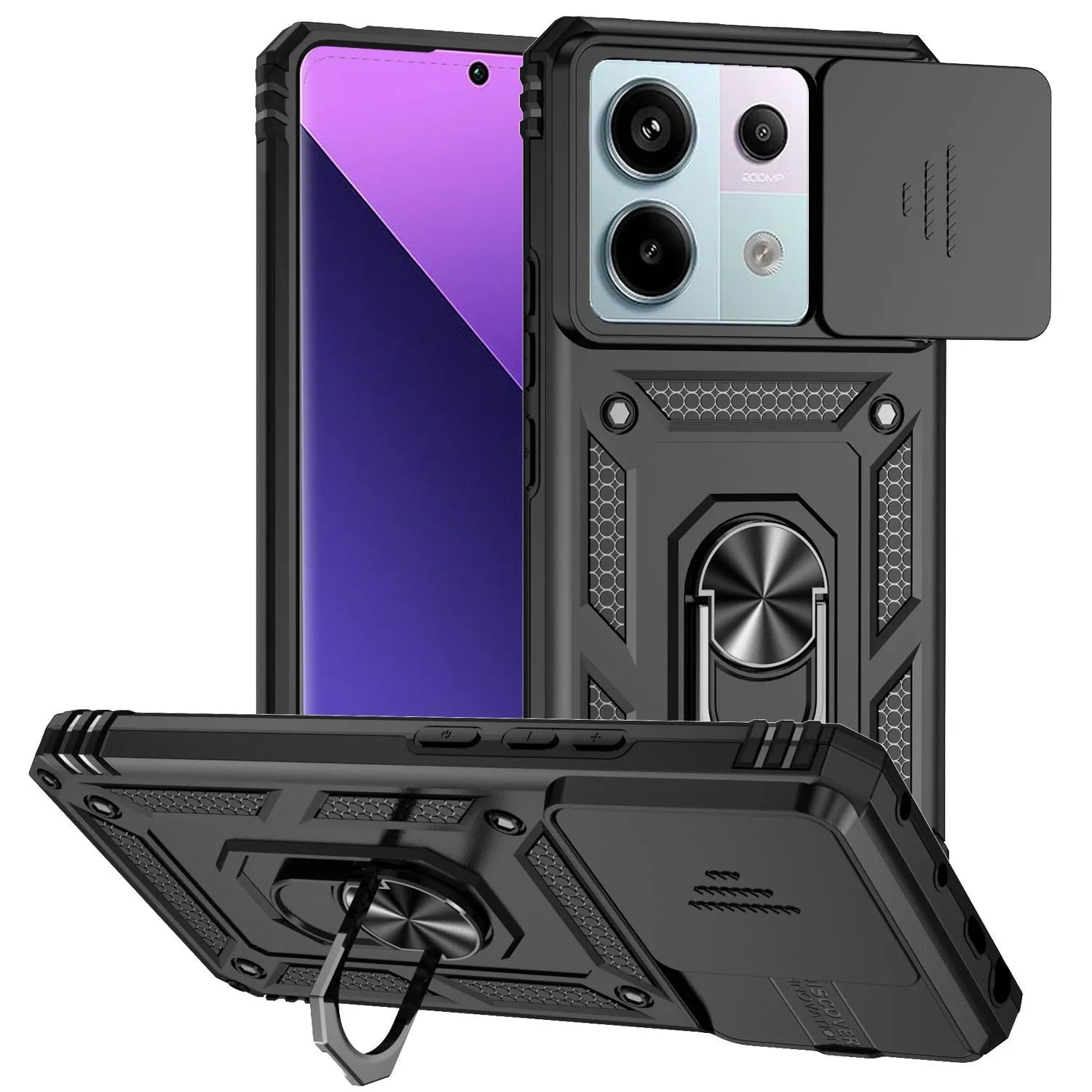 Drop-resistant phone case for Redmi Note 13 Pro with bracket and magnetic suction, black colour