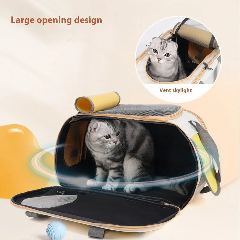 Foldable single shoulder canvas pet backpack shown in yellow, suitable for carrying cats or small dogs.