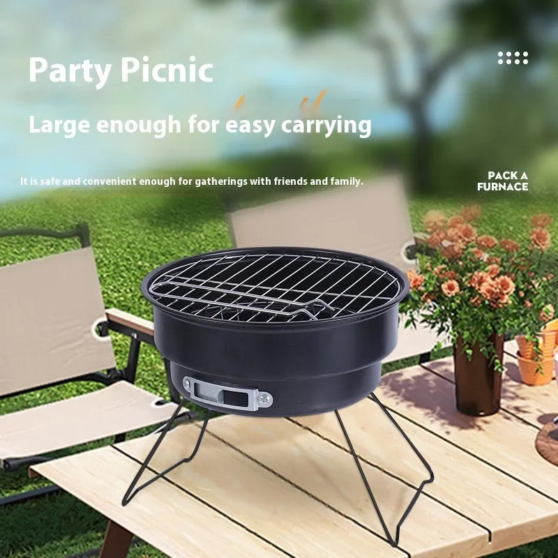 Small folding round ice stove with grill mesh and complete barbecue accessories set