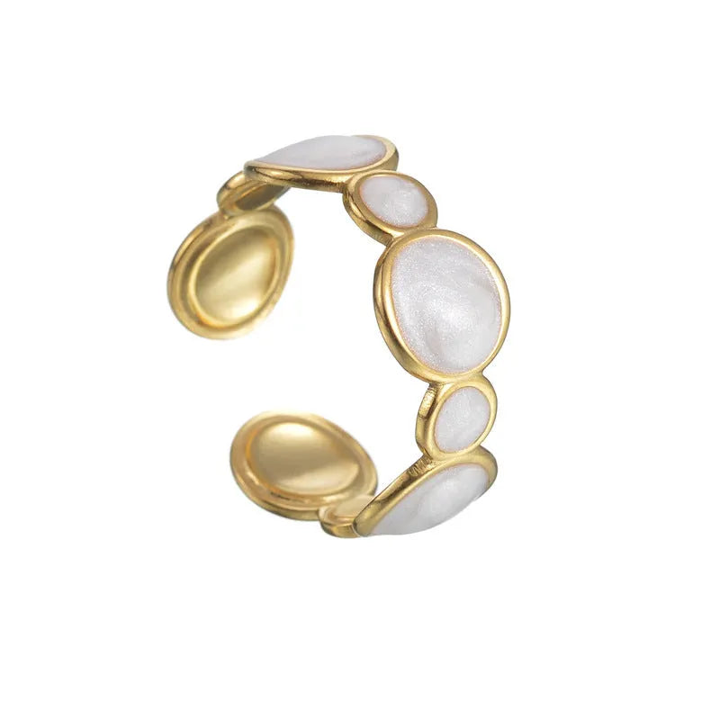 Geometric stainless steel ring with adjustable opening, electroplated metallic finish