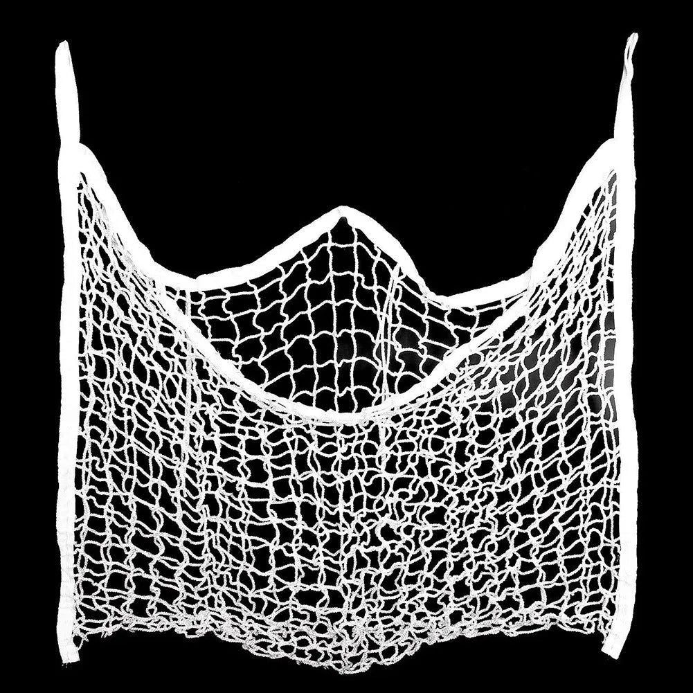 Black woven grid hanging feeding bag for horses and cattle, showing the PE rope construction.