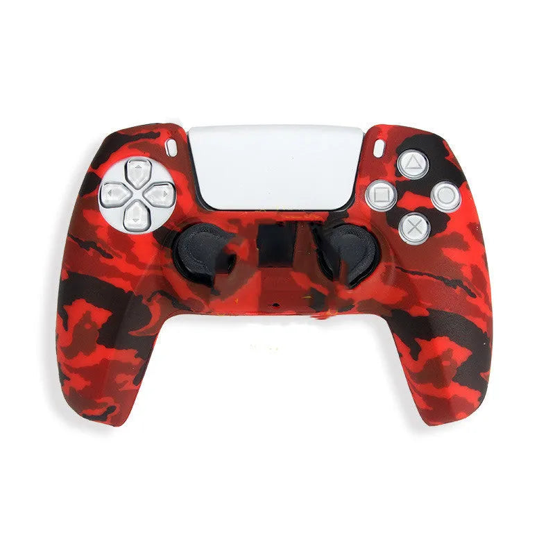 Camouflage silicone case fitted on a PS5 controller handle showing textured surface and snug fit