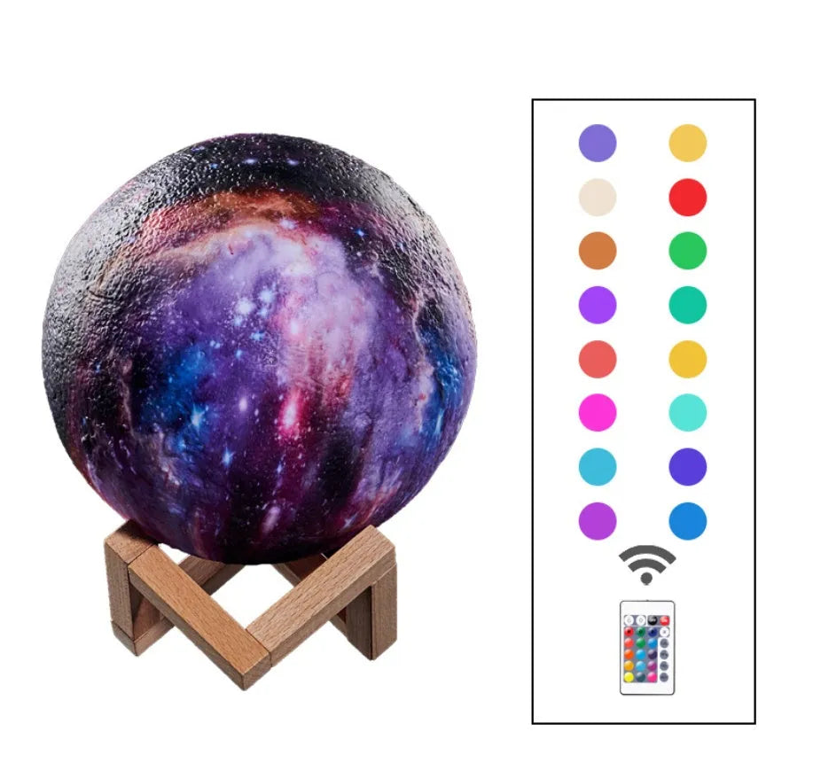 3D printed spherical lunar night light glowing with soft colour-changing LED light on a dark surface.