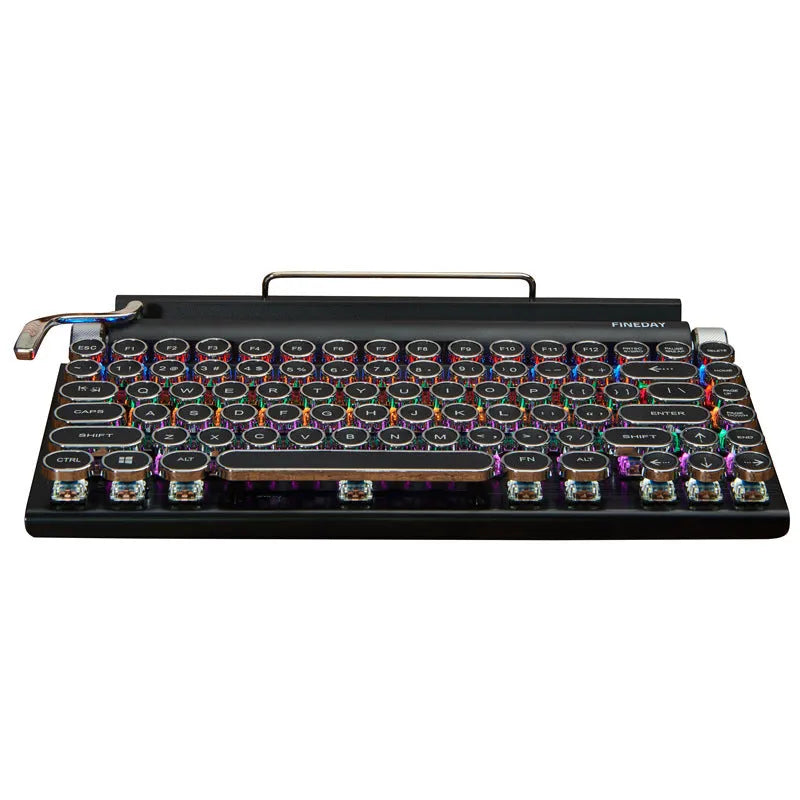 Black retro-style mechanical keyboard with Bluetooth, backlit keys, and metal case