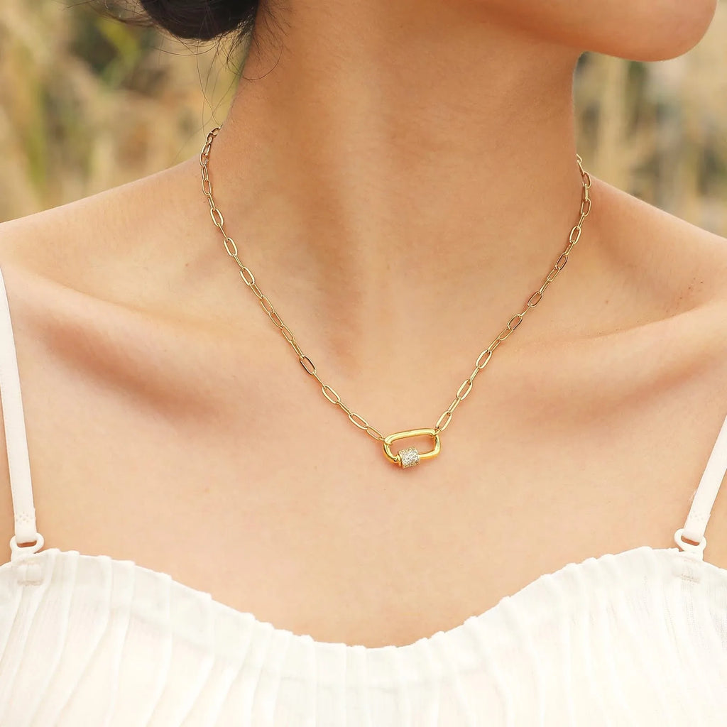Stainless steel small square chain zircon oval pendant necklace for women in gold colour
