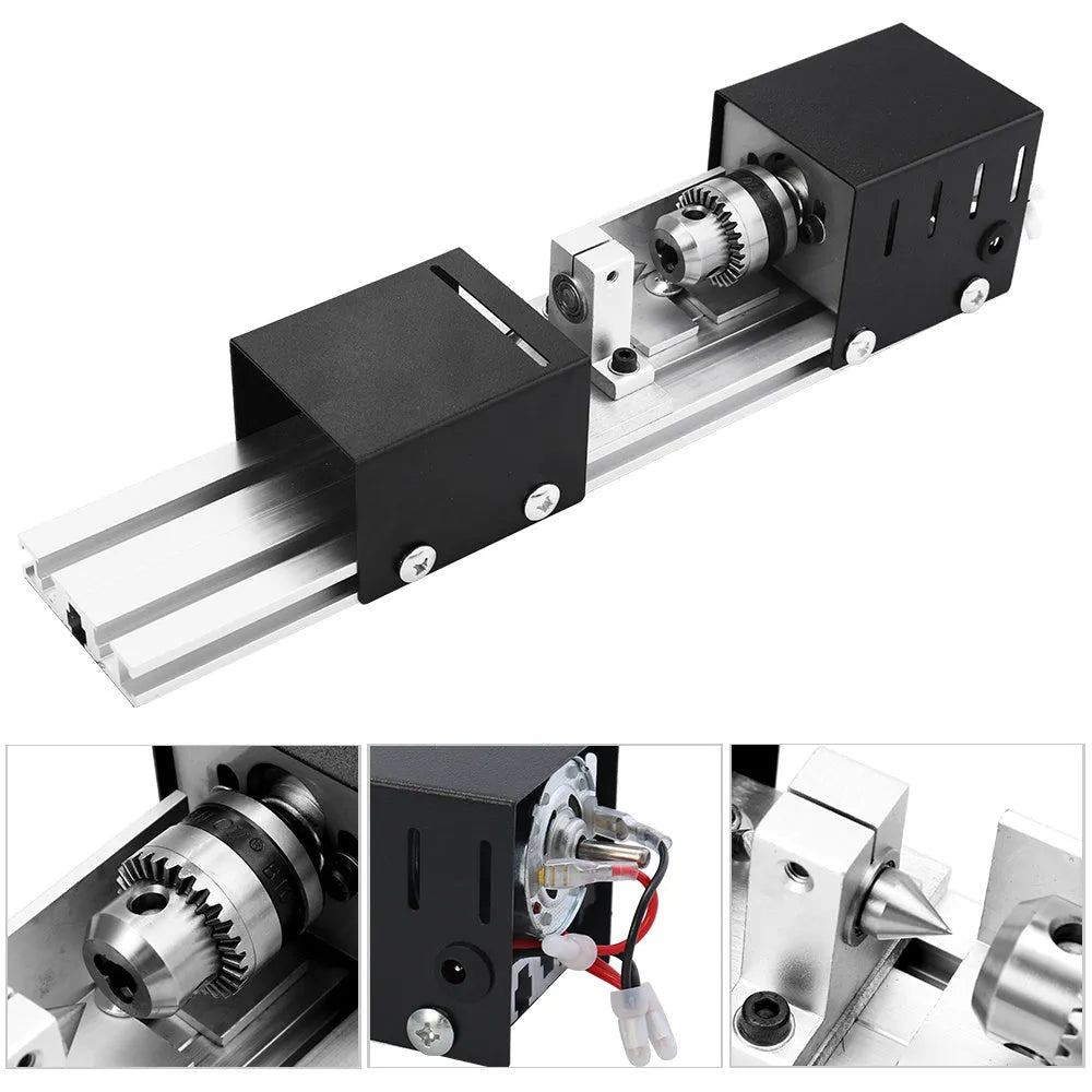 Compact silver metal mini manual woodworking lathe with carving knives on a benchtop