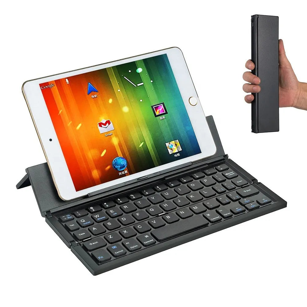 Black folding wireless Bluetooth keyboard for tablets with aluminium bottom cover