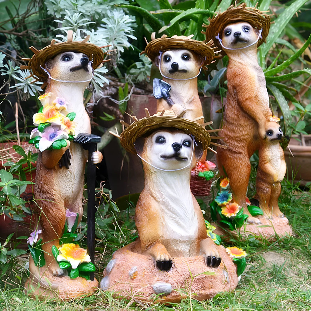 Three yellow-brown straw hat mongoose resin ornaments for bonsai gardening decoration