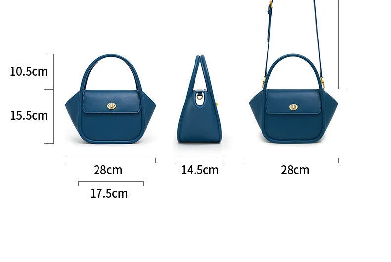 Women's leather wing tote handbag with cross-body strap and hard handle in cow leather