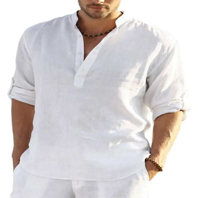 Men's cotton linen shirt with stand collar and long sleeves in solid colour