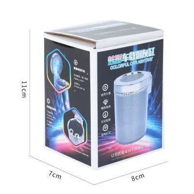 Silver ABS car ashtray with RGB LED lights, lid closed, compact 10x8x6cm