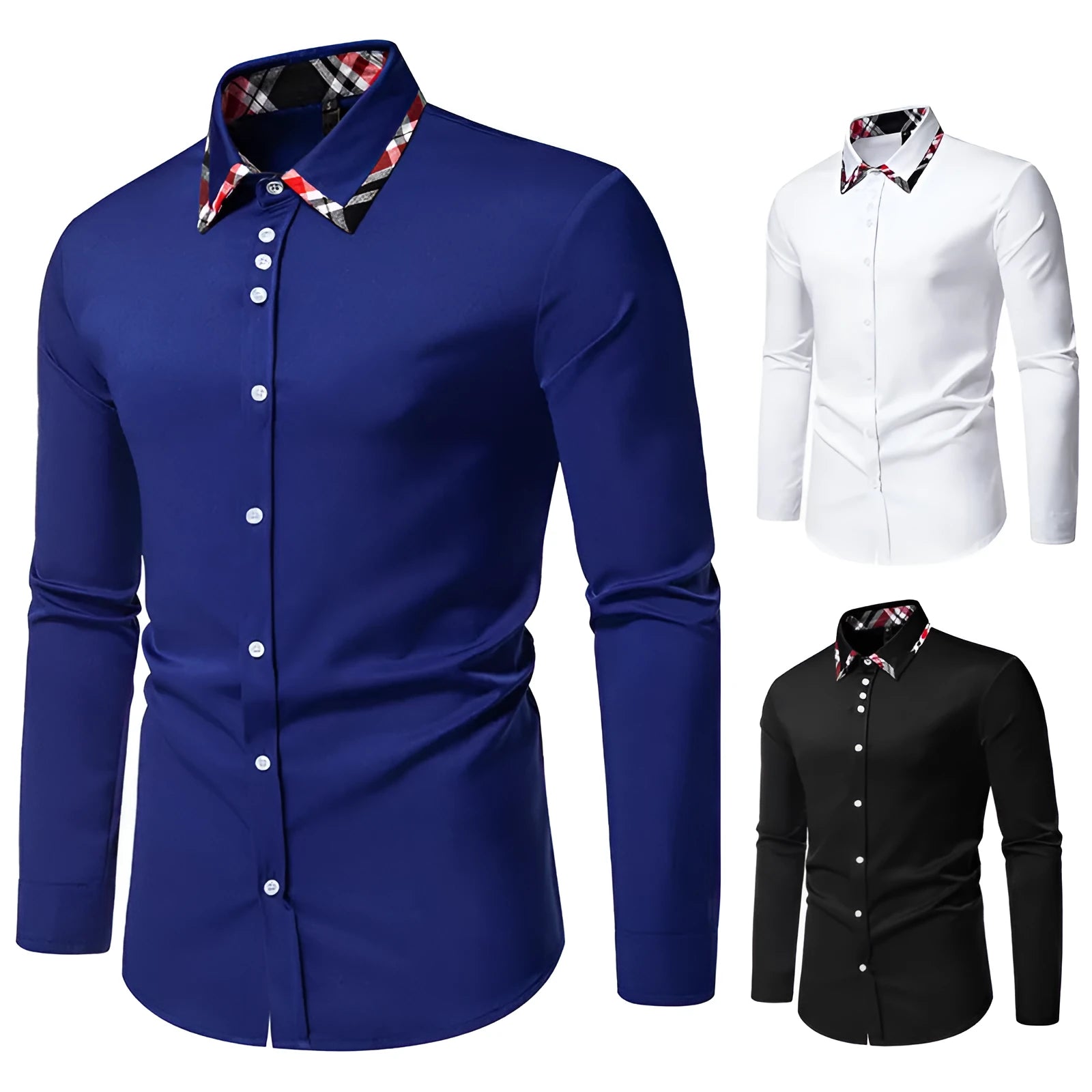 Men's plaid long sleeve shirt with triangle collar in blue, black or white colour options